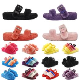 Sandalia de lujosa Mujeres de toboganes esponjosas zapatillas de moda difusa tela calidez damas sandalias de og diseñador marrón peludo ladrillo rojo rojo blanco blanco amarillo rosa fucsia invierno