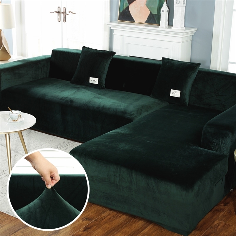 Capa de sofá de pelúcia de veludo elástico de canto de couro seccional para conjunto de capas de sofá de sala de estar Capa de poltrona LJ201216