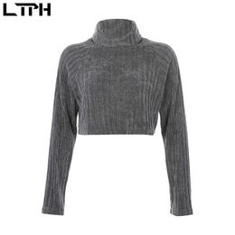 Suéter de cuello alto de color sólido de felpa de manga larga de punto corto suelto Pull Femme All-match Casual suéteres de mujer otoño 210427