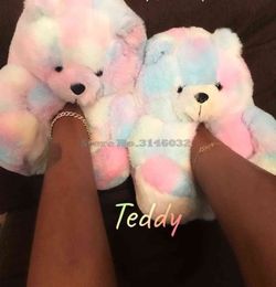 Pluche Teddy Bear Leuke Regenboog Cartoon Beer Indoor Slippers Antislip Mute Slaapkamer Kantoor Zachte Warm Winter Herfst Dikke Schoenen H1115