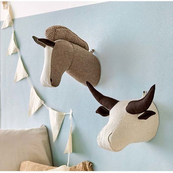 Felpa Cosas de la pared Bebé Niña Habitación Decoración Animal de peluche Perro Rinoceronte Caballo Elefante Cabeza Montaje en pared Juguetes de peluche Obra de arte Muñecas Po Props Regalo 230526