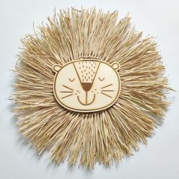 Pluche muur spul Noordse stijl handgemaakte leeuw king muur hangende inrichting boho geweven gras cartoon dieren tassel kunst voor kinderkamer babykamer huisdecor 230526