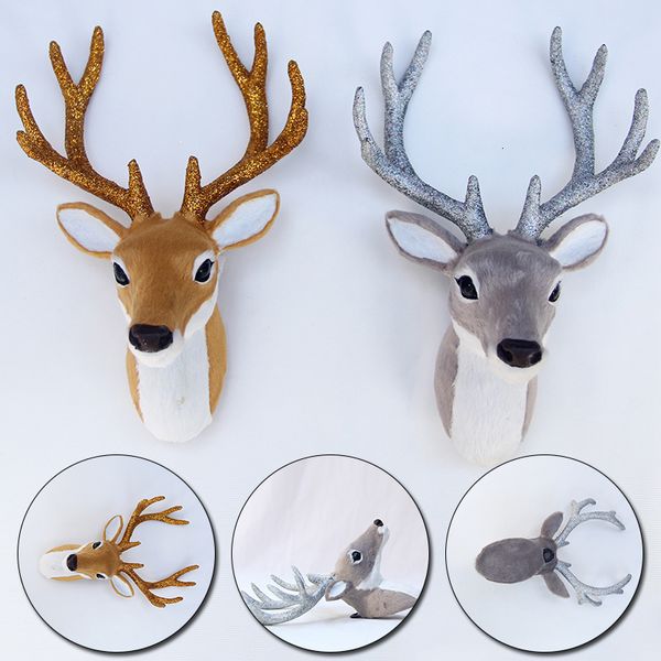 Plush Wall Stuff Simulation Peluche Renne Elk Tête De Cerf Poupée Réaliste Bois De Cerf Tête Montage Mural Sculpture pour La Fête À La Maison Décor De Noël 230526