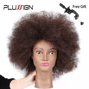 Plussign Traininghead Salon Afro Mannequin Head Human Heum Hirm Dummy Doll Dressing Training Heads Real Hair Manikin Head Black 240403