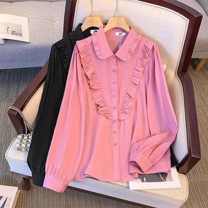 PLUSSIDE FEMPS Spring Casual Shirt Ruffled Decorative Personalité Design Top Loose Forft Contrôle Black Pink 240507