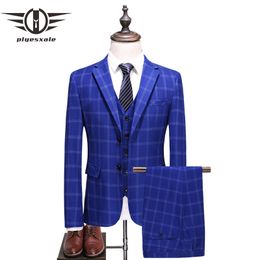 PLAYESXALE 3 Stuk Plaid Pak Mannen Slanke Fit Navy Royal Blue Wedding Suits 5XL Merk Designer Business Dress Suits Tuxedo Q380 201106