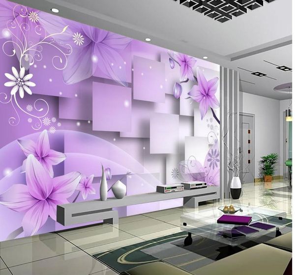 Po personnaliser la taille 3D violet fleurs chaudes TV papier peint 3d papier peint 3d papiers peints pour tv toile de fond 1288260