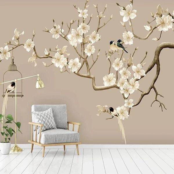 Po Papier peint auto-adhésif style chinois peint à la main fleur oiseau figure Magnolia peintures murales salon étude décor mur Wallpapers274U