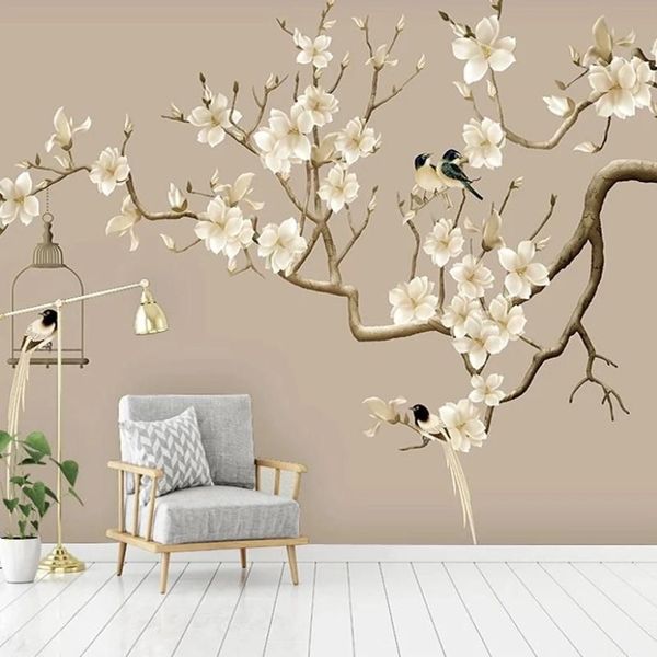 Po Papier peint auto-adhésif style chinois peint à la main fleur oiseau figure Magnolia peintures murales salon étude décor mur Wallpapers279L