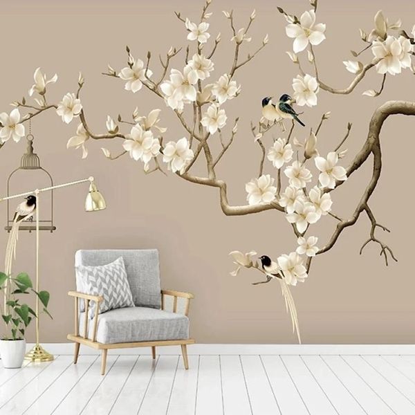 Po Papier peint auto-adhésif style chinois peint à la main fleur oiseau figure Magnolia peintures murales salon étude décor mur Wallpapers311A