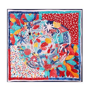 POBING 100% Twill Sjaal Vrouwen Mode Foulard Halsdoek Multicolor Leaf Print Sjaals Grote Vierkante Hals Wrap Nieuwe Strandlaken 130251C