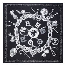 POBING Foulard carré en soie sergé femmes de luxe Espagne chaîne crâne imprimé foulards marque Hijab Foulard Bandana grand Foulard 2010216H