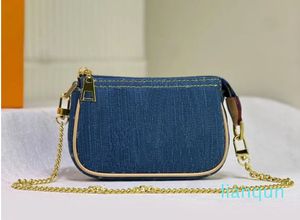 Bolso de hombro Pochette con letras a la moda, bolso de cintura con cierre de cremallera, bolsos pequeños de diseñador de carteras, bolsos de hombro con cadena, funda azul
