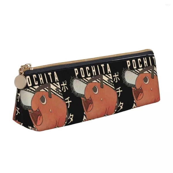 Pochita motosierra hombre estuche de cuero para lápices lindo diablo amor divertido Denji moda cremallera caja universidad adolescente triángulo pluma bolsa