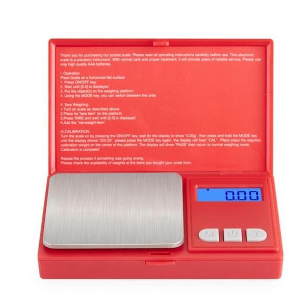 Pocket 100/200/500g x 0.01g 500g/1000g x 0.1 Balance numérique carrée Rouge Balance électronique précise pour bijoux Balances de cuisine de haute précision