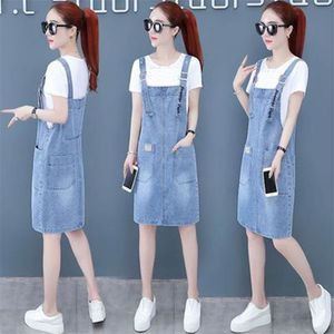 Pocket A-Line High Cintura Jeans Vestido de la rodilla Denim Denim Sundress Bordado Correa ajustable Coreano suelto ocasional Overms Vestidos 210604