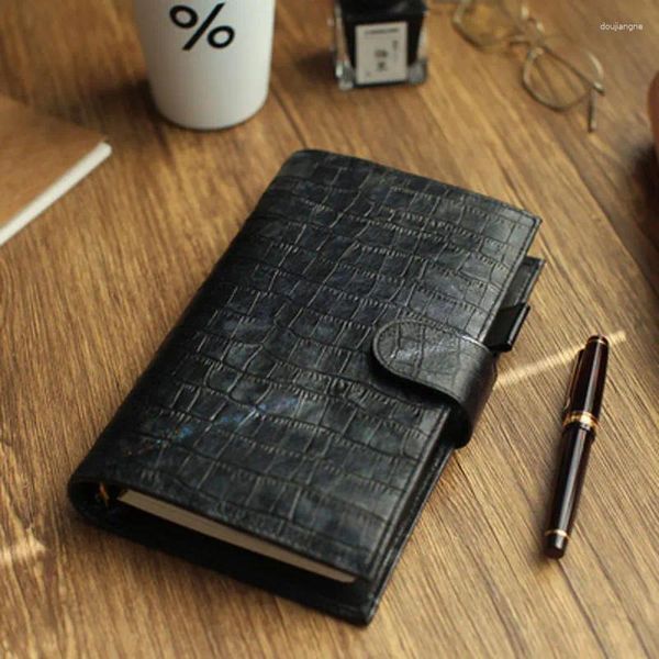 Bolsillo negro A7 A6 A5 Slim Discolor Slub Patrón Organizador de piel de oveja Genuine Leather Planner Wallet Agenda Diary Notepad