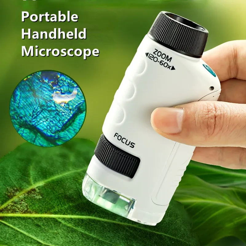 Pocket Microscope Kids Science Kit: 60-120X Mini microscópio de mão com luz LED para aprendizado de caule ao ar livre