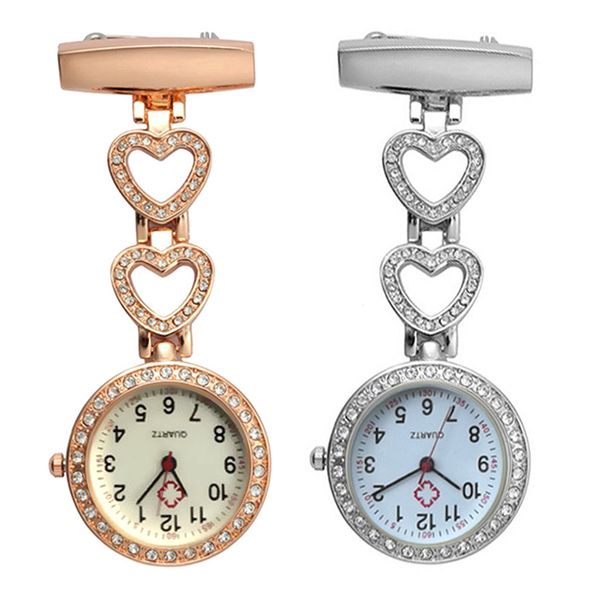 Relojes de bolsillo para enfermera, reloj de médico, broche de pin, cristal de zirconio, Strass, corazón de oro rosa, reloj de enfermera