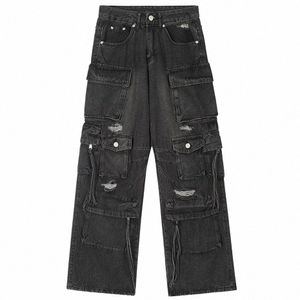 Poche Patchwork Baggy Jeans Hommes Déchiré Surdimensionné Lâche Denim Pantalon Noir Bleu Jeans Pantalon Streetwear Hip Hop Jeans Homme u0Lp #