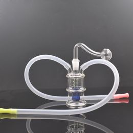 Bolsillo Pequeño Colorido Quemador de aceite de vidrio Bong Tuberías de agua Reciclador Dab Rig Bongs de mano Boquillas dobles Uso de dos personas con tubos de quemador de aceite de vidrio macho de 10 mm