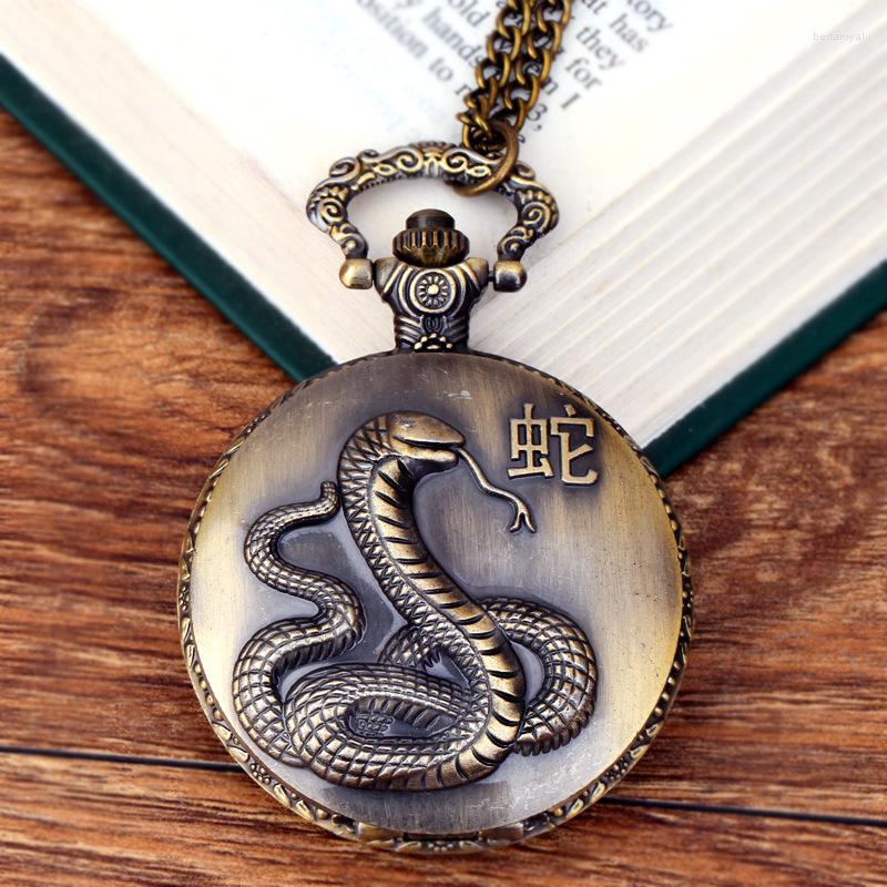 Pocket Watches 0 Bronze Chinese Zodiac Snake tredimensionell mönster Klassisk kvartsklocka djur ihålig präglad