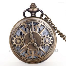 Pocket horloges 100 stcs/lot vintage antieke Steampunk Bronze Hollow Gear Moverment Quartz Watch Pendant Gift met ketting
