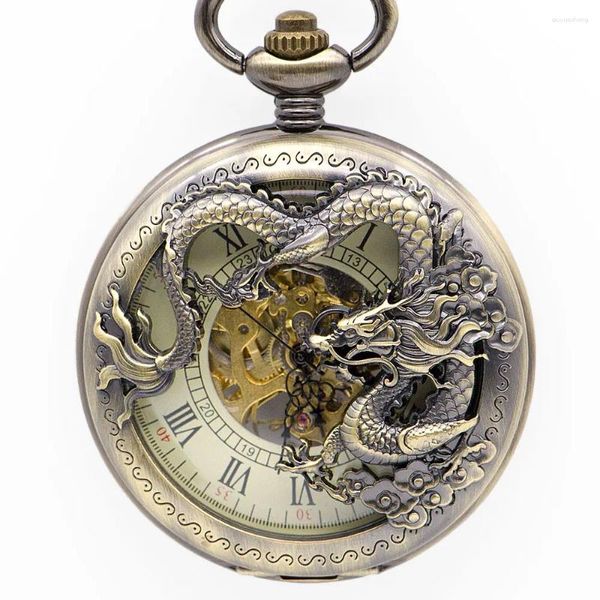 Montres de poche 10 pièces/lot, boîtier creux romain Dragon en Bronze mécanique avec chaîne unisexe, montre Fob vente en gros