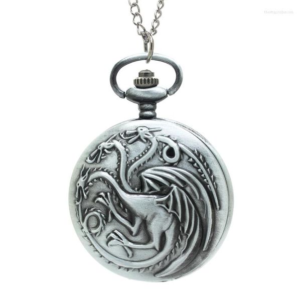 Relojes de bolsillo (1123SA) 12 unids/lote plata antiguos dragones de leyenda dragón de tres cabezas reloj de bronce collar tamaño 47mm