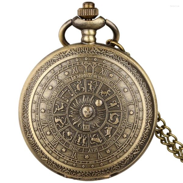 Pocket Watches 12 Constellations Collier de bronze montre un pendentif rétro Clobe Clock Quartz Analogue antique CHAMME Men des hommes