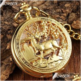 Montres de poche 2021 Horloge d'or Fleur Deer Sculpture Design Montre mécanique Fob Taille Chaîne Squelette Creux Steampunk Hommes Drop Livraison Dhfxz