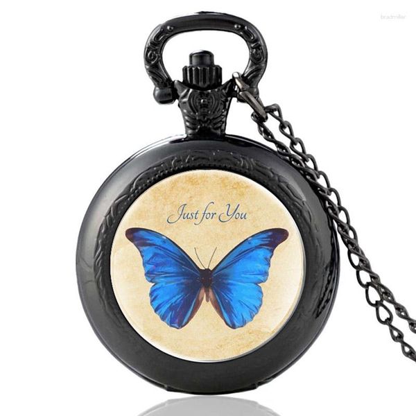 Relojes de bolsillo 2023 llegada mariposa azul reloj de cuarzo Vintage hombres mujeres cúpula de cristal colgante collar horas reloj regalos
