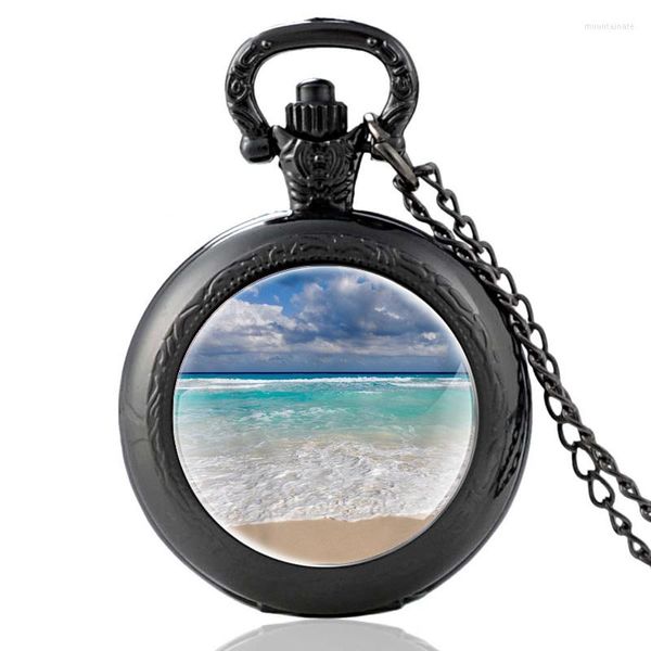 Relojes de bolsillo 2023 diseño de playa negro FOB reloj de cuarzo colgante reloj hombres mujeres encanto cúpula de cristal collar regalos