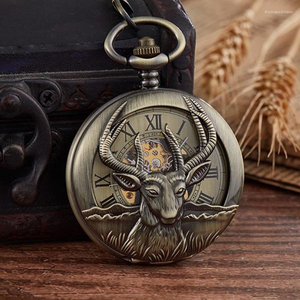Relojes de bolsillo 2023 Reloj mecánico con esqueleto de cabra para hombre y mujer, collar antiguo, cadena Fob, reloj masculino