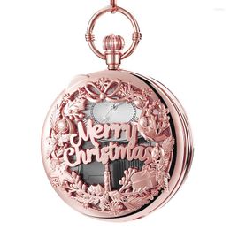 Pocket Watches 2023 Hollow Hand Crank Music Quartz Kijk Merry Christmas Birthday Gift Box Fob Chain Llocomotive Romeinse cijfers