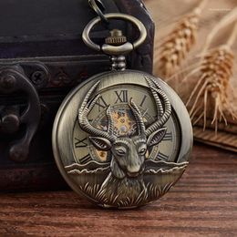 Relojes de bolsillo 2023 Reloj mecánico de esqueleto de cabra de lujo Hombres Mujer Collar antiguo Fob Cadena Reloj masculino