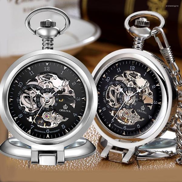 Relojes de bolsillo 2023 hombres caja abierta esqueleto mecánico Fob reloj de acero inoxidable collar de plata colgante reloj