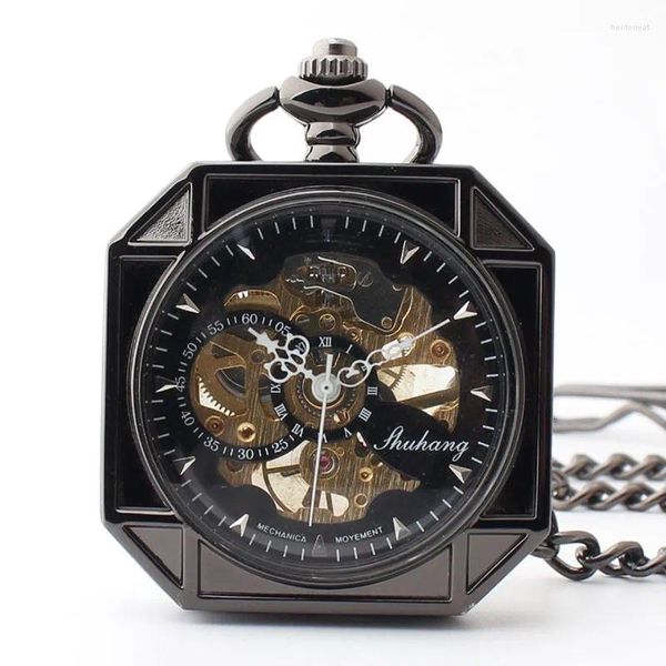 Relojes de bolsillo 20 unids/lote Vintage negro ahuecado Flip reloj mecánico esqueleto regalo de hombre con cadena al por mayor