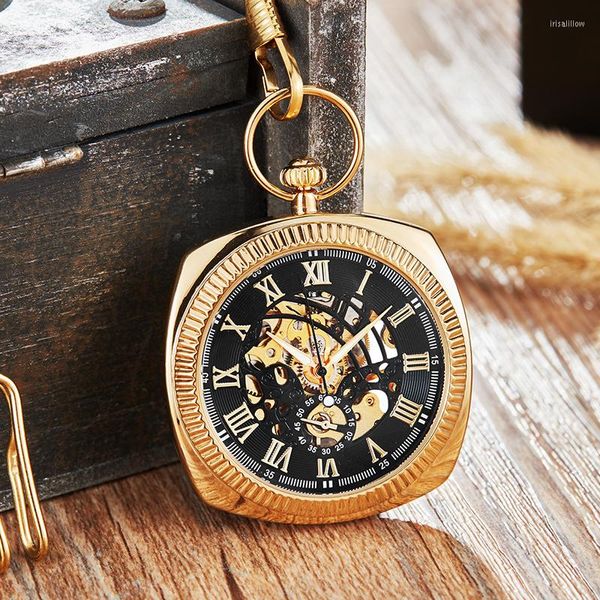 Montres de poche 4 couleurs Vintage main vent montre mécanique forme carrée Fob horloge avec lettre sculptée cadeau femmes hommes 2023