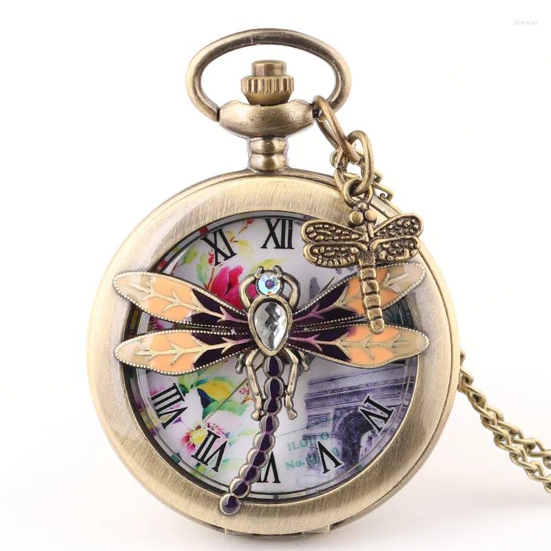Zakhorloges 50 stks/partij Vintage Brons Uitgeholde Dragonfly Horloge Met Pandent Mannen Vrouwen Quartz Gift Groothandel