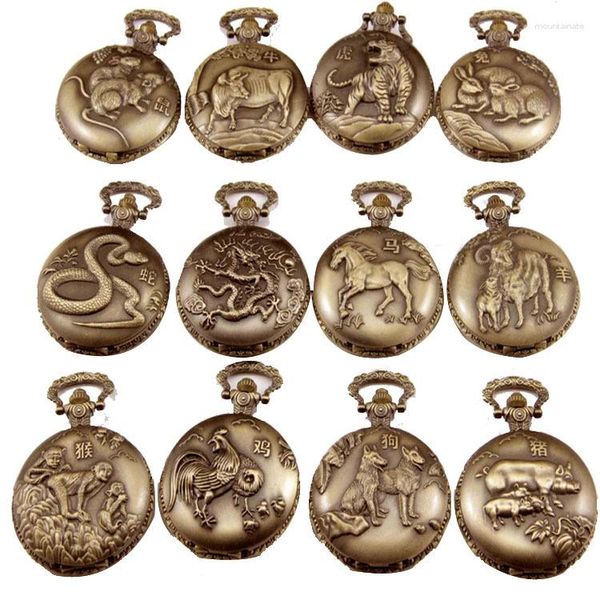 Montres de poche 50pcs / lot Vintage Les Douze Signes Du Zodiaque Chinois Montre À Quartz Hommes Femmes Collier Cadeau En Gros