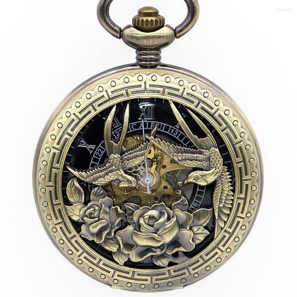 Relojes de bolsillo 5 unids/lote flor de bronce y pájaro tallado números romanos esfera negra reloj mecánico con cadena FOB para hombres y mujeres PJX1349