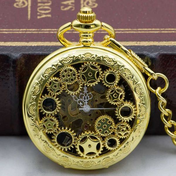 Relojes de bolsillo 5 unids/lote cuerda a mano dorada bolsillo mecánico hombres engranaje hueco esqueleto Steampunk Vintage con cadena Fob PJX1325