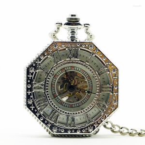 Relojes de bolsillo 5 uds./lotRoman número reloj mecánico con cadena FOB cuerda manual Steampunk acero completo para hombres y mujeres PJX1196