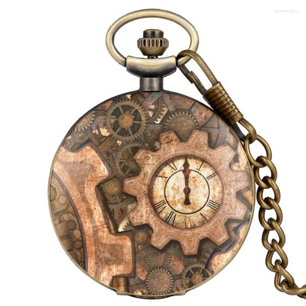 Montres de poche 7 types de roue dentée Steampunk montre à Quartz heure horloge Vintage Bronze analogique visage rond hommes femmes collier chaîne