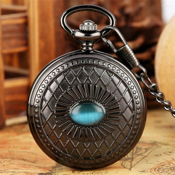 Relojes de bolsillo Reloj mecánico completo de cuerda manual, color negro antiguo, colgante con pantalla de Ojo Azul único, reloj Manual con esfera de números romanos