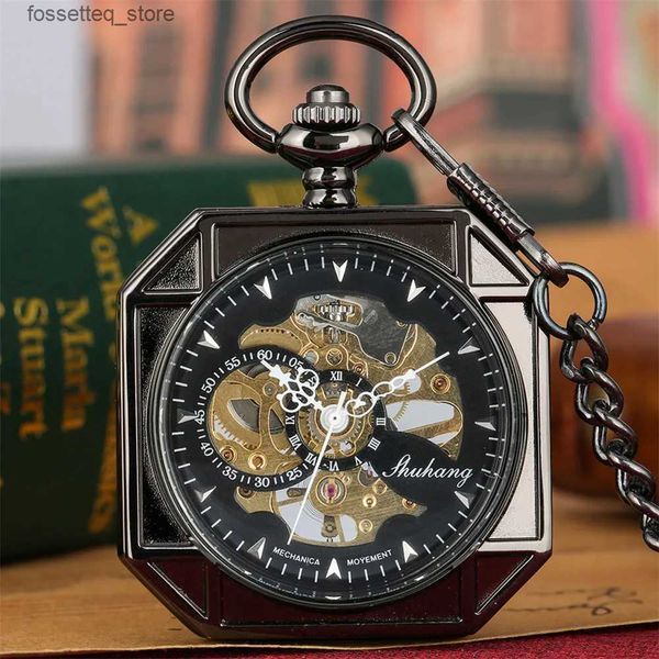 Montres de poche Antique noir mécanique main-vent poche verre Transparent main carré pendentif mécanisme manuel horloge de poche rétro cadeau L240322