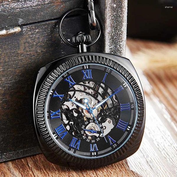 Montres de poche Antique noir mécanique pour hommes et femmes, chiffres romains, cadran, horloge de luxe, squelette doré, chaîne FOB, livraison directe