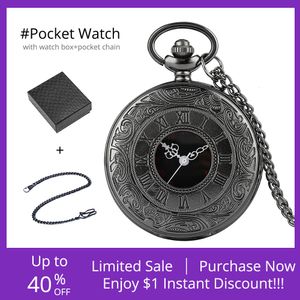 Montres de poche Antique noir chiffres romains Quartz collier montre pour hommes femmes boîte-cadeau Fob chaîne pendentif Vintage poche montre mâle 230825