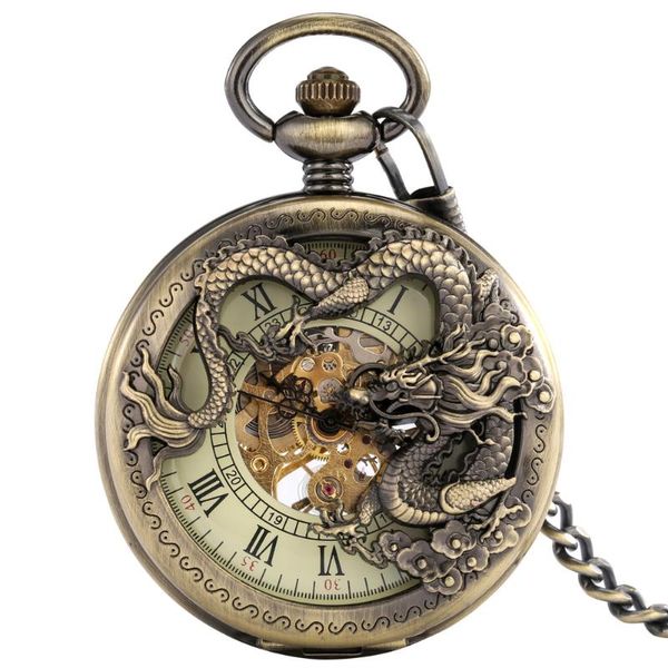 Relojes de bolsillo Dragón de bronce antiguo Reloj mecánico Esqueleto Mano-Viento Flip Reloj Steampunk Fob con cadena Regalo para hombres Mujeres Bolsillo